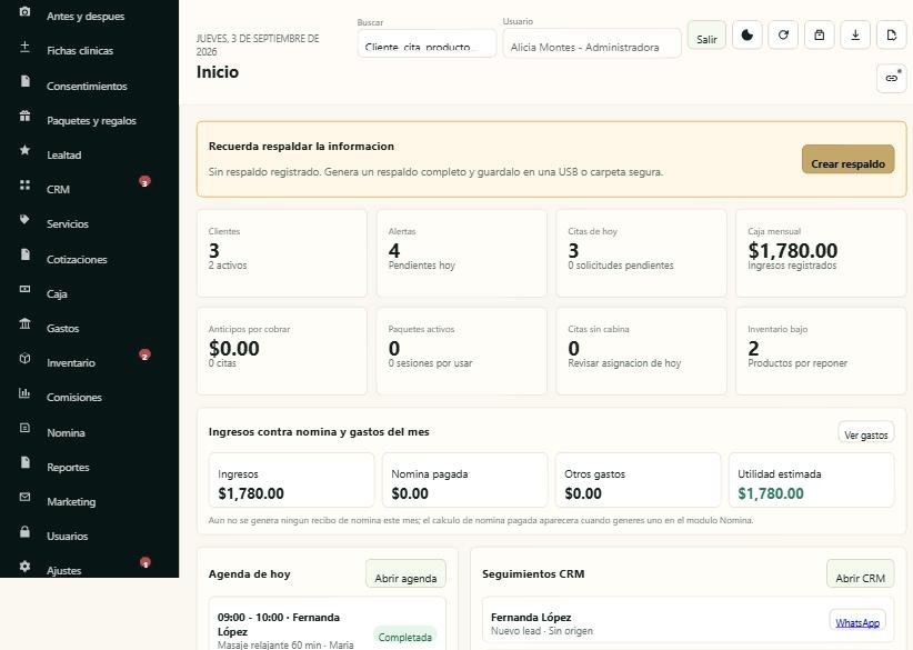 Panel de Inicio de Ilbera Spa Suite, con clientes, alertas, caja e ingresos del mes
